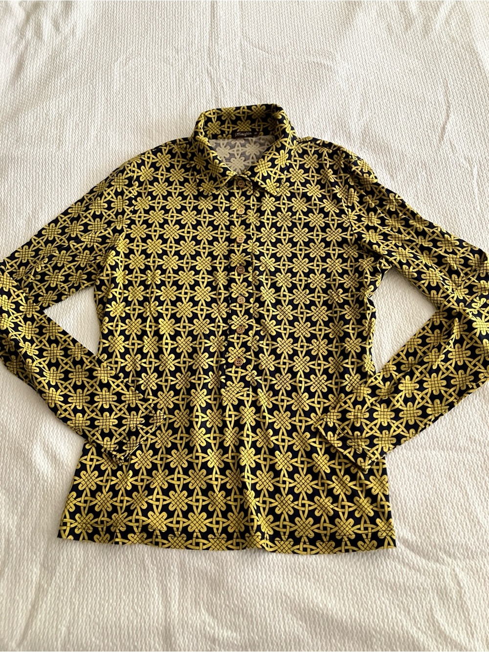 EUC J.McLaughlin silk navy/mustard Patterned popover Shirt